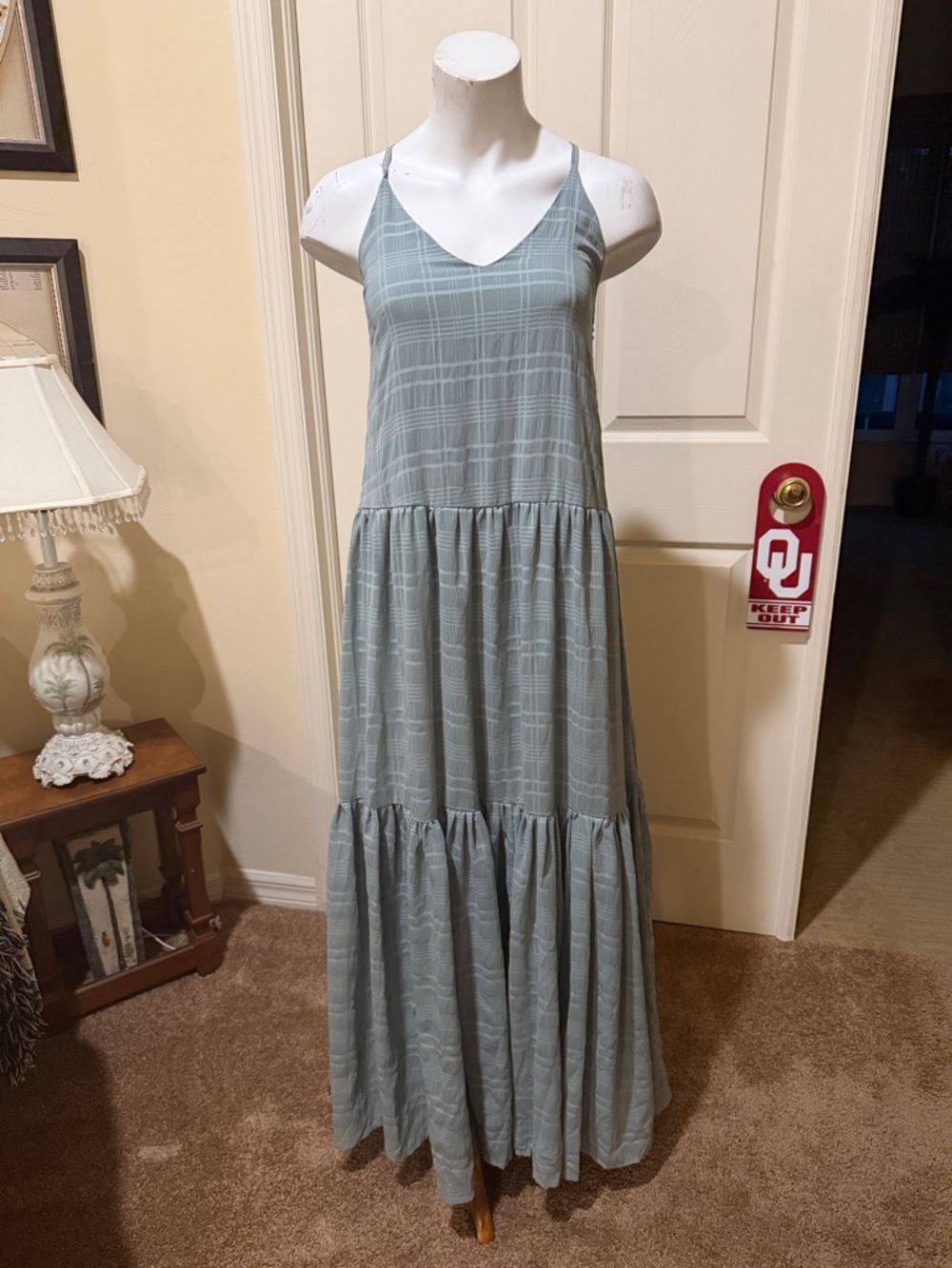 Lulu's Light Sage Grid-Texture Tiered Maxi Dress - Picture 2 of 12